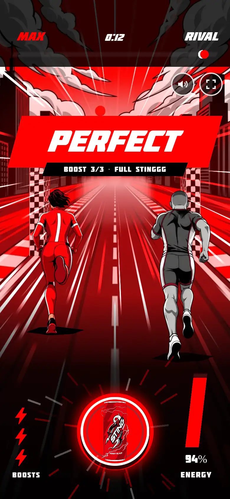The race: the player and the rival running down the track, with the Boost button below